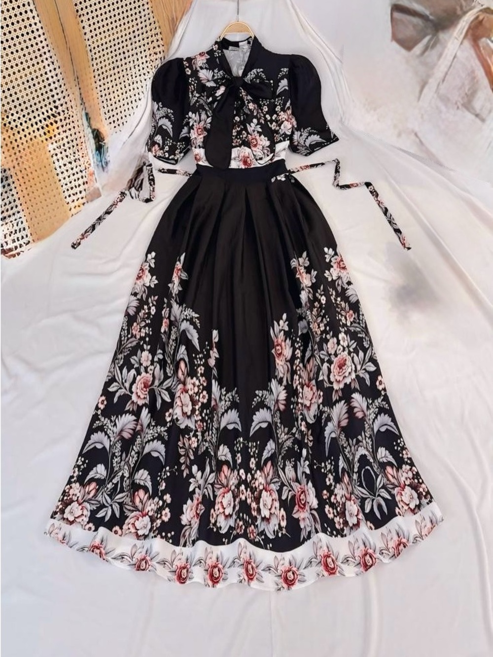 Floral Tie-Neck Black Maxi Dress